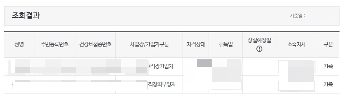 건강보험 피보험자 조회 결과