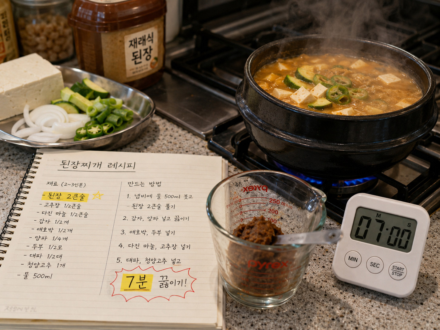 계량컵과 숟가락으로 된장 양을 측정하고, 타이머를 맞춰둔 채 '된장찌개 레시피' 노트를 펴놓고 요리하는 주방 풍경