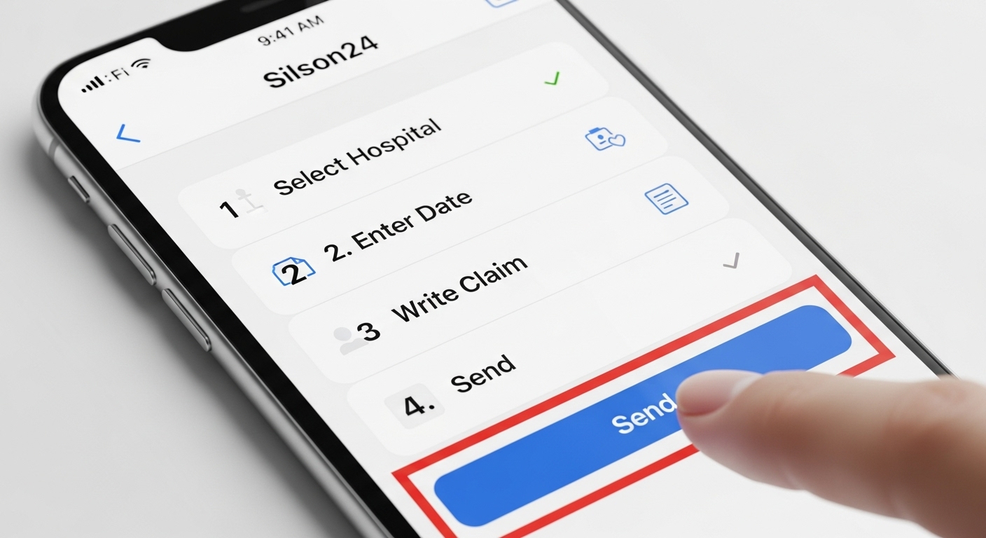 '실손24' 앱에서 진료 내역을 선택하고 '보험금 청구' 버튼을 누르는 스마트폰 화면