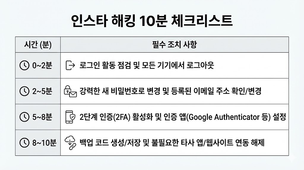인스타 해킹 당했을 때 10분 점검: 로그인 활동/비번/2FA 우선순위 (2026 최신)