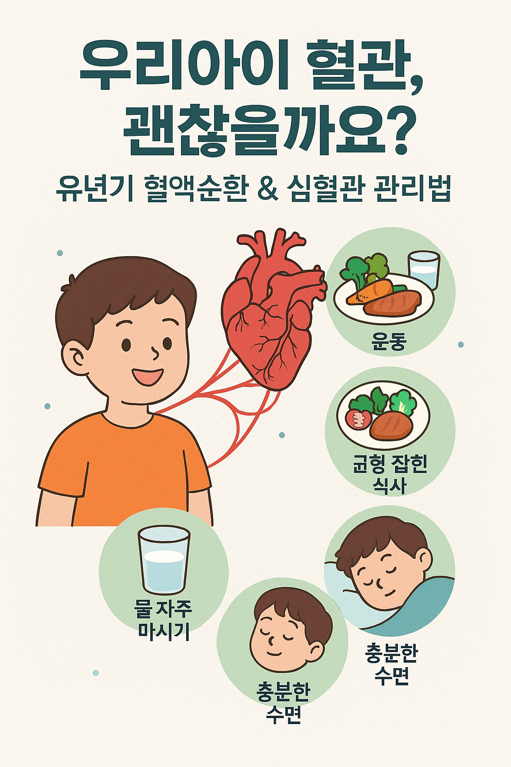 유년기 어린이의 심혈관 건강 관리법과 혈액순환 루틴을 표현한 인포그래픽 이미지