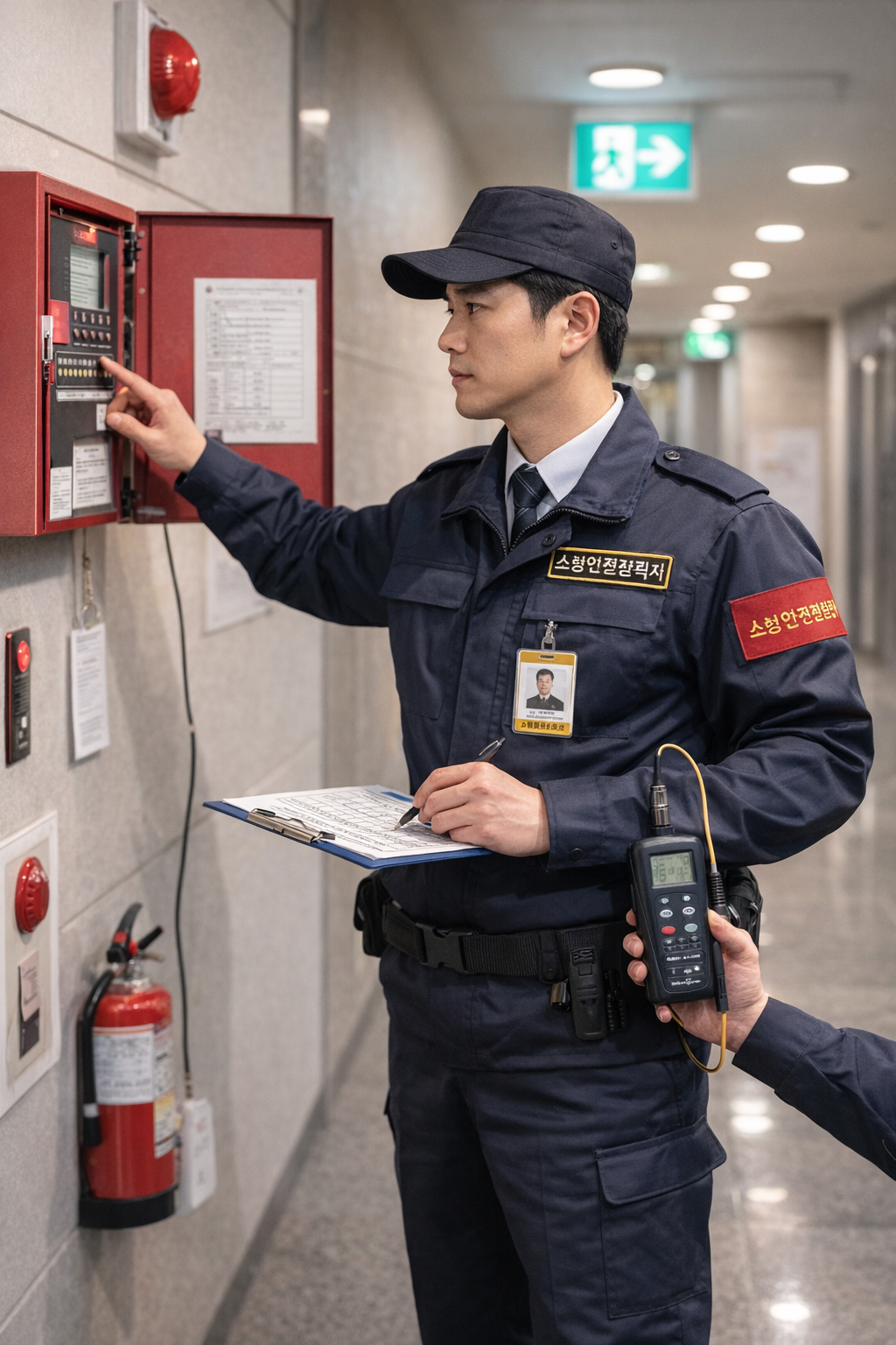 이미지 출처: AI 생성 이미지(콘텐츠 이해를 돕기 위한 시각 자료, 실제 인물을 특정하지 않은 AI 생성 이미지)
소방안전관리자가 건물 내 소방시설을 점검하는 모습. 화재수신기 패널을 확인하며 체크리스트에 기록하고, 측정 장비로 감지기 상태를 점검하는 장면.”