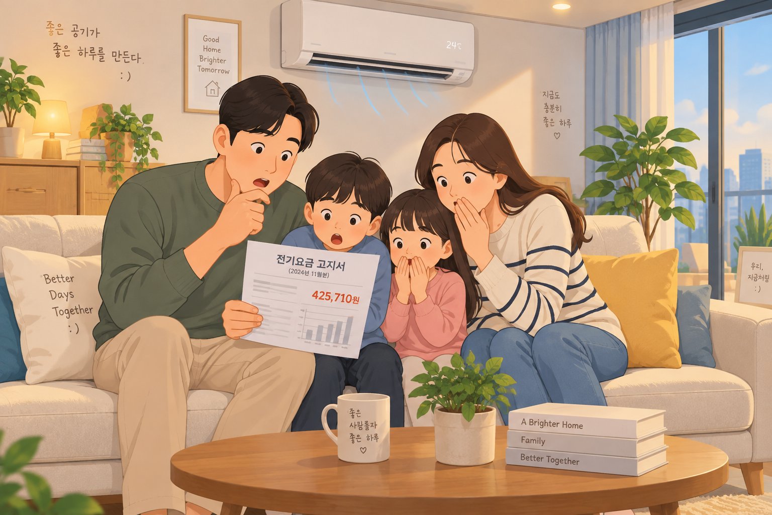 전기세 30만원 고지서 보고 놀란 4인가족 일러스트