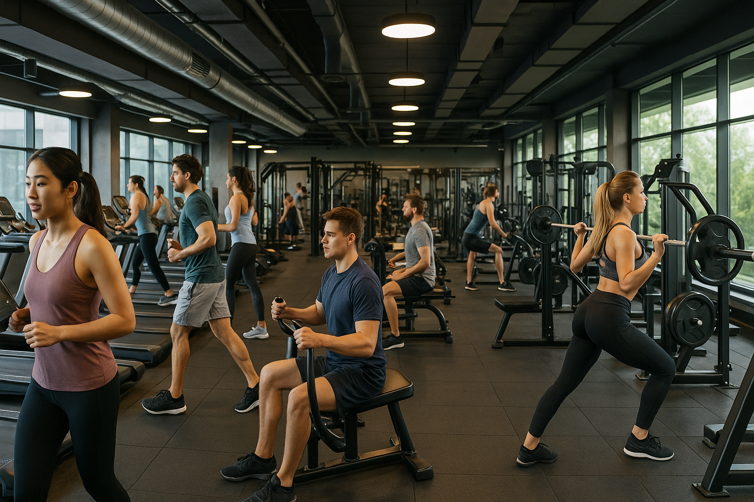 헬스장에서 운동하고 있는 사람들 이미지