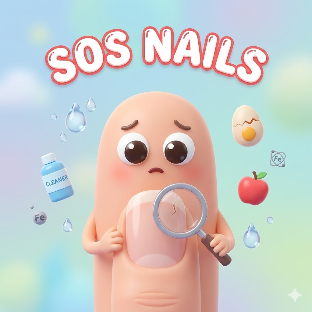 손톱이 갈라져 걱정하는 귀여운 손가락 캐릭터와 주변에 물방울, 세제병, 영양소 아이콘이 묘사된 3D 카툰 일러스트. 'SOS NAILS'라는 영어 문구가 강조되어 있음.