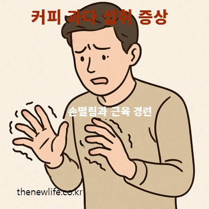 과도한 카페인 섭취로 손이 떨리고 근육 경련 증상을 겪는 남성 일러스트