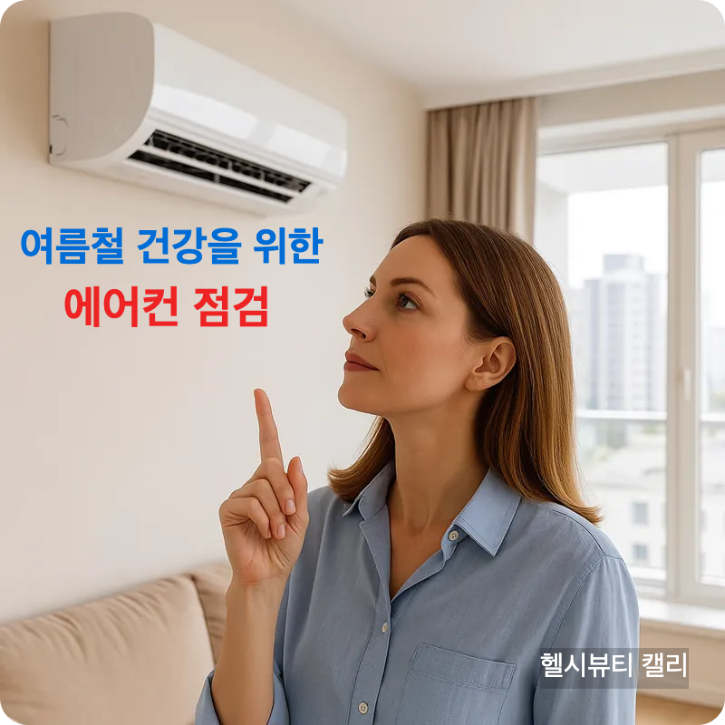 고급 아파트 거실에서 에어컨을 바라보며 점검하고 있는 하얀 피부의 30대 여성