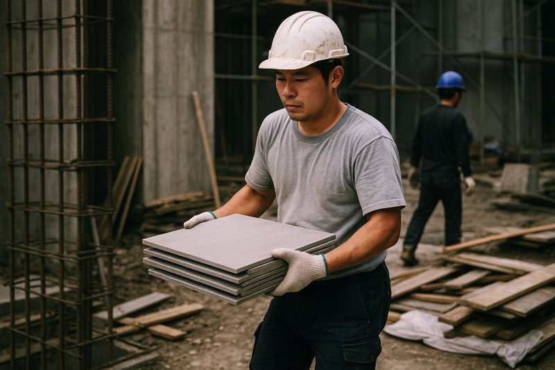 공사현장에서 자재를 나르는 사람