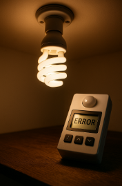 천장에 설치된 전구와 함께 조명 제어기에 'ERROR' 문구가 표시된 장면