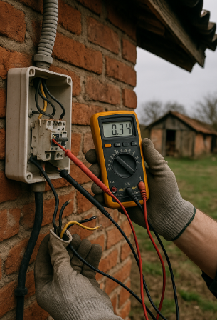 시골 벽돌 건물 외벽에서 전기 기술자가 멀티 테스터기로 누전 여부를 측정하고 있는 장면. 절연 장갑을 낀 손이 노출된 배선을 점검하며, 배경에는 오래된 창고와 풀밭이 보인다