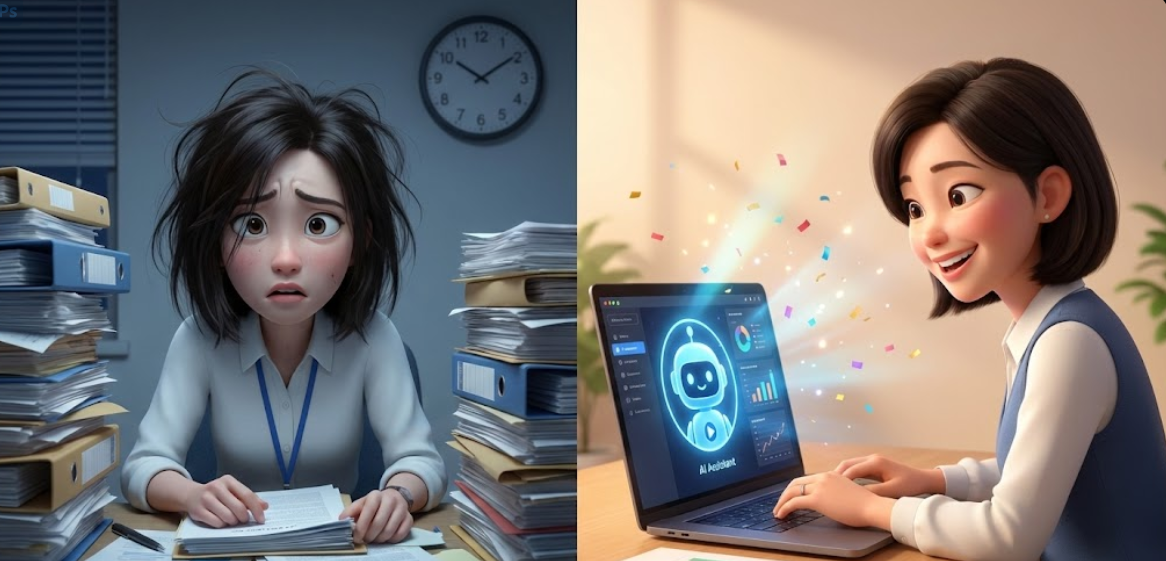 지친 표정의 사회복지사가 AI의 도움을 받아 환하게 웃으며 서류를 정리