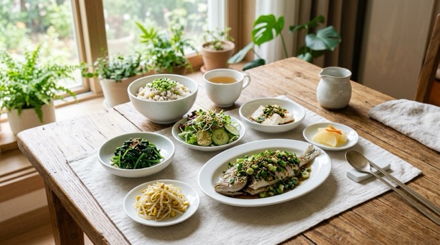 국물 많은 음식 대신 담백한 식사를 준비한 집밥 장면 