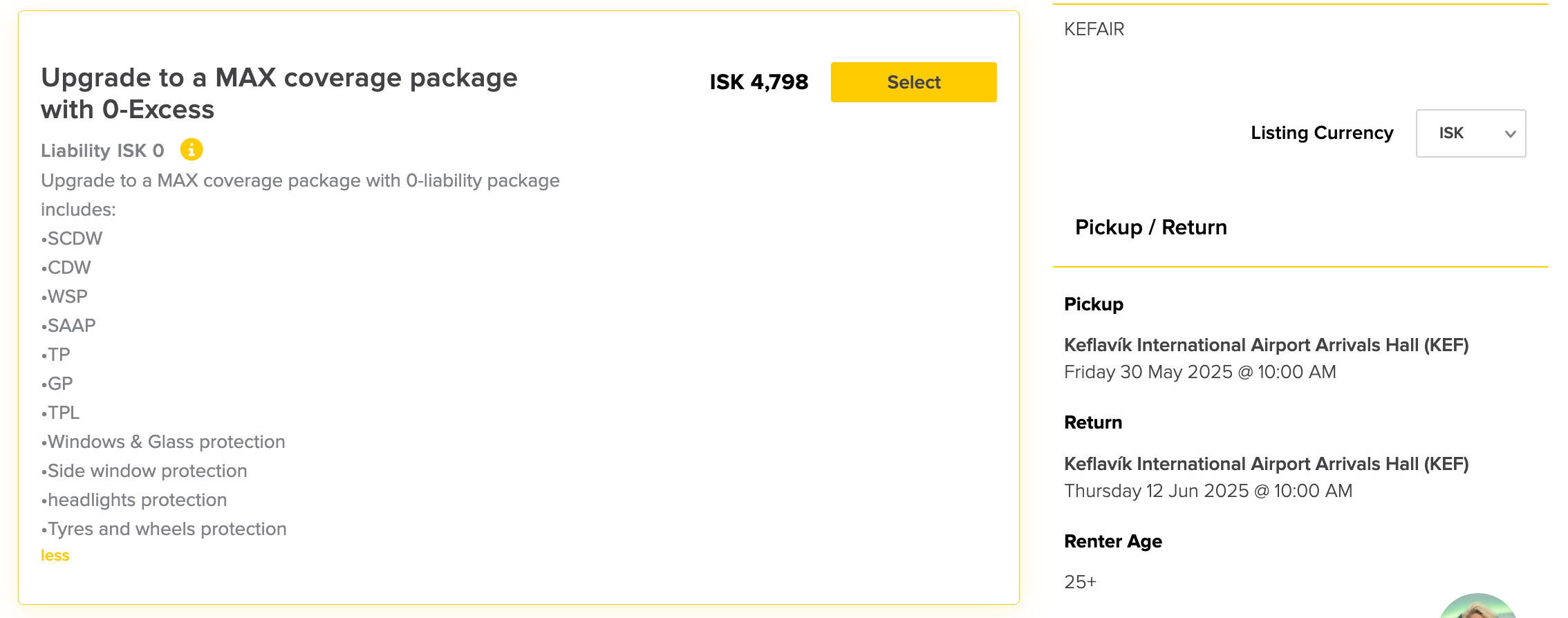 Hertz 보험 패키지 업그레이드 화면. MAX 커버리지 선택 시 포함되는 보험 항목들(SCDW, SAAP, GP, TP 등)과 자기부담금 0이라는 조건이 강조되어 있음.