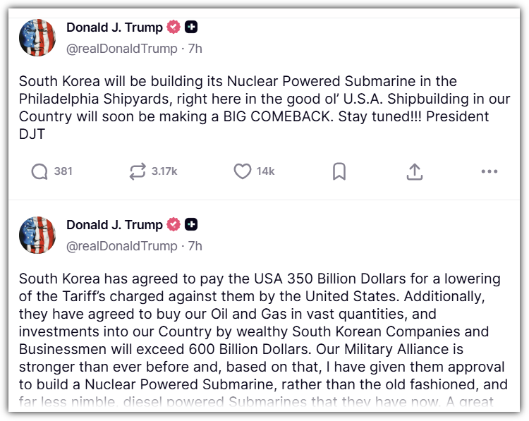 트럼프 대통령, 트루스 소셜, 한국 핵추진 잠수함 건조 승인, 필라델피아 조선소에서 건조