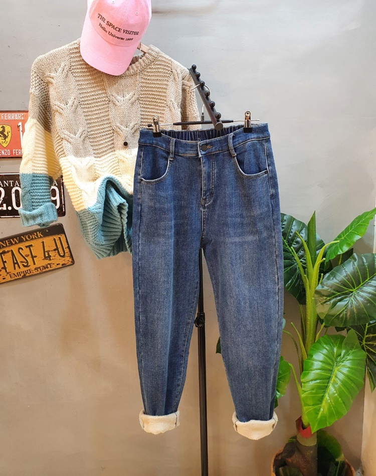 밴딩 밍크 융기모 진청 배기 청바지