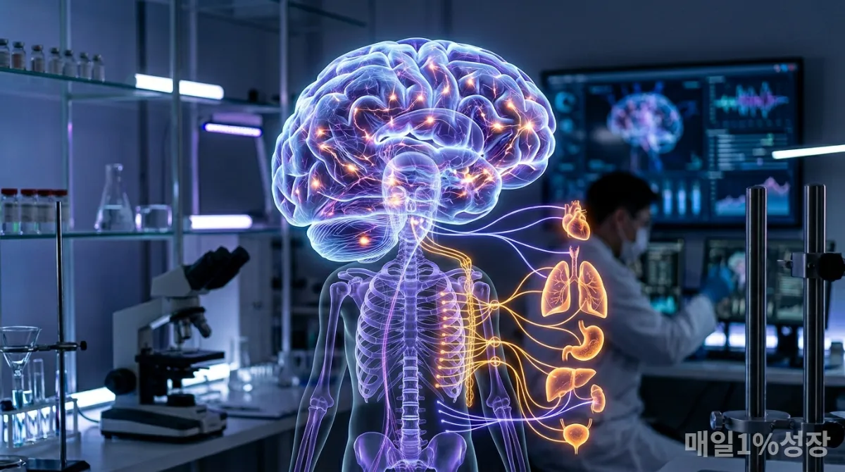 뇌와 자율신경계가 상호작용하며 신경계를 조절하는 과학적인 모습