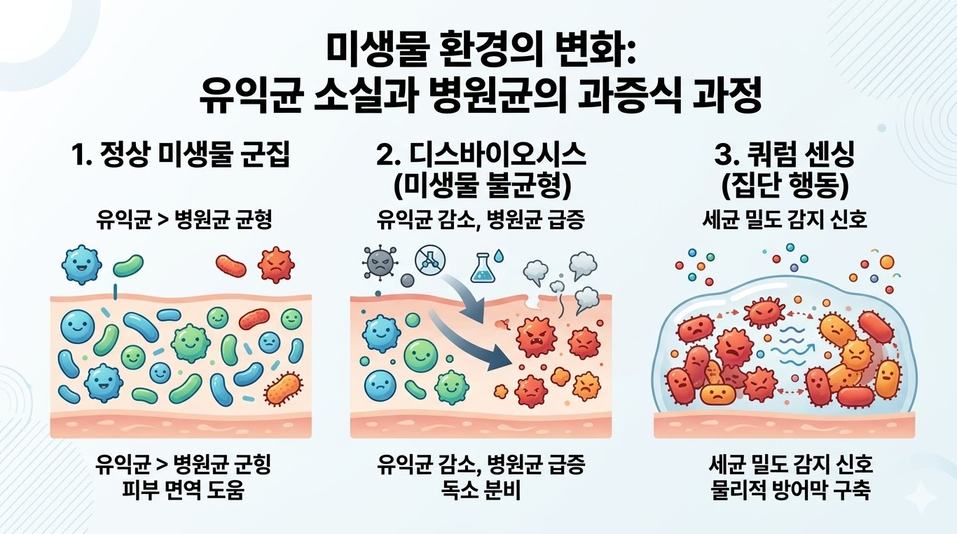 정상 미생물 균형에서 디스바이오시스와 병원균 과증식, 바이오필름 형성으로 이어지는 피부 미생물 환경 변화 과정