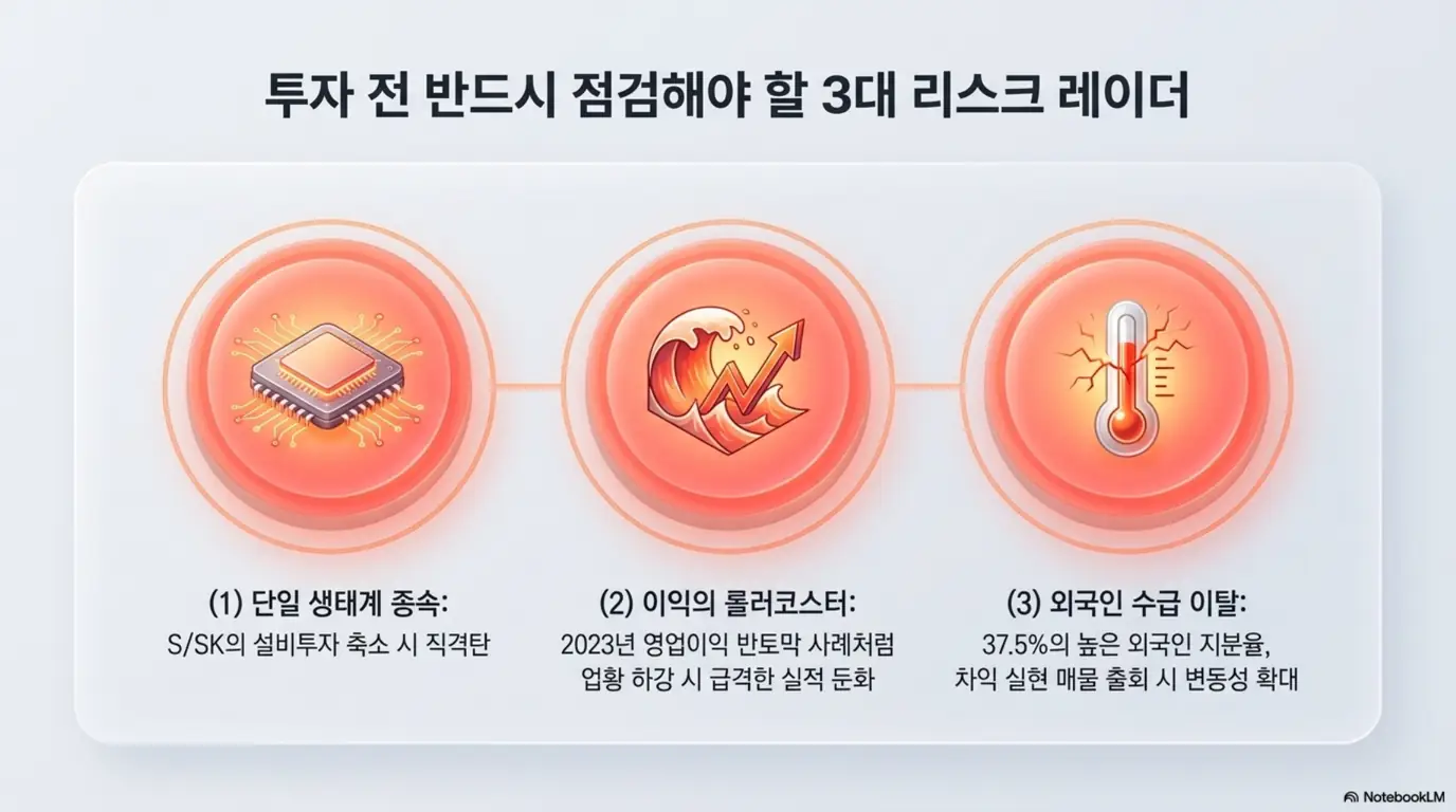 유진테크 주가 전망: 유진테크 투자 전 점검할 세 가지 리스크를 표현한 이미지. 삼성·SK 단일 생태계 종속, 2023년 영업이익 반토막 사례 같은 업황 변동성, 외국인 지분율 37.5%의 수급 이탈 위험을 정리하며, 블로그의 유진테크 리스크 분석과 관련된 내용을 설명함