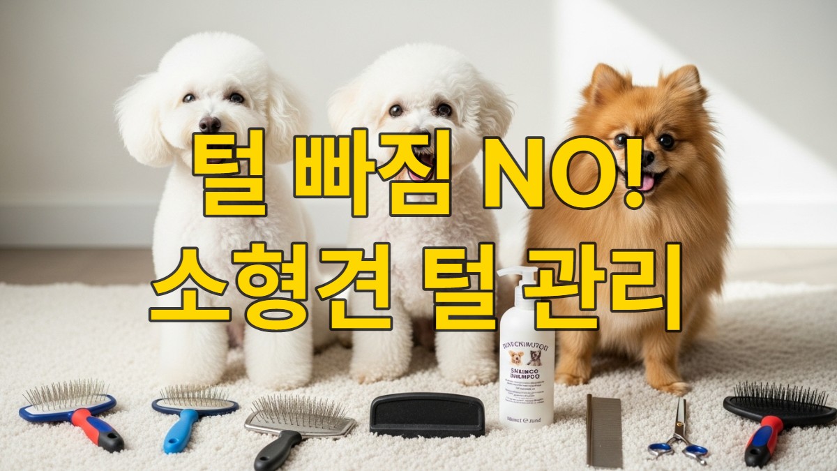 푸들, 비숑, 포메라니안이 그루밍 도구들 사이에서 카메라를 보고 행복하게 앉아있는 모습