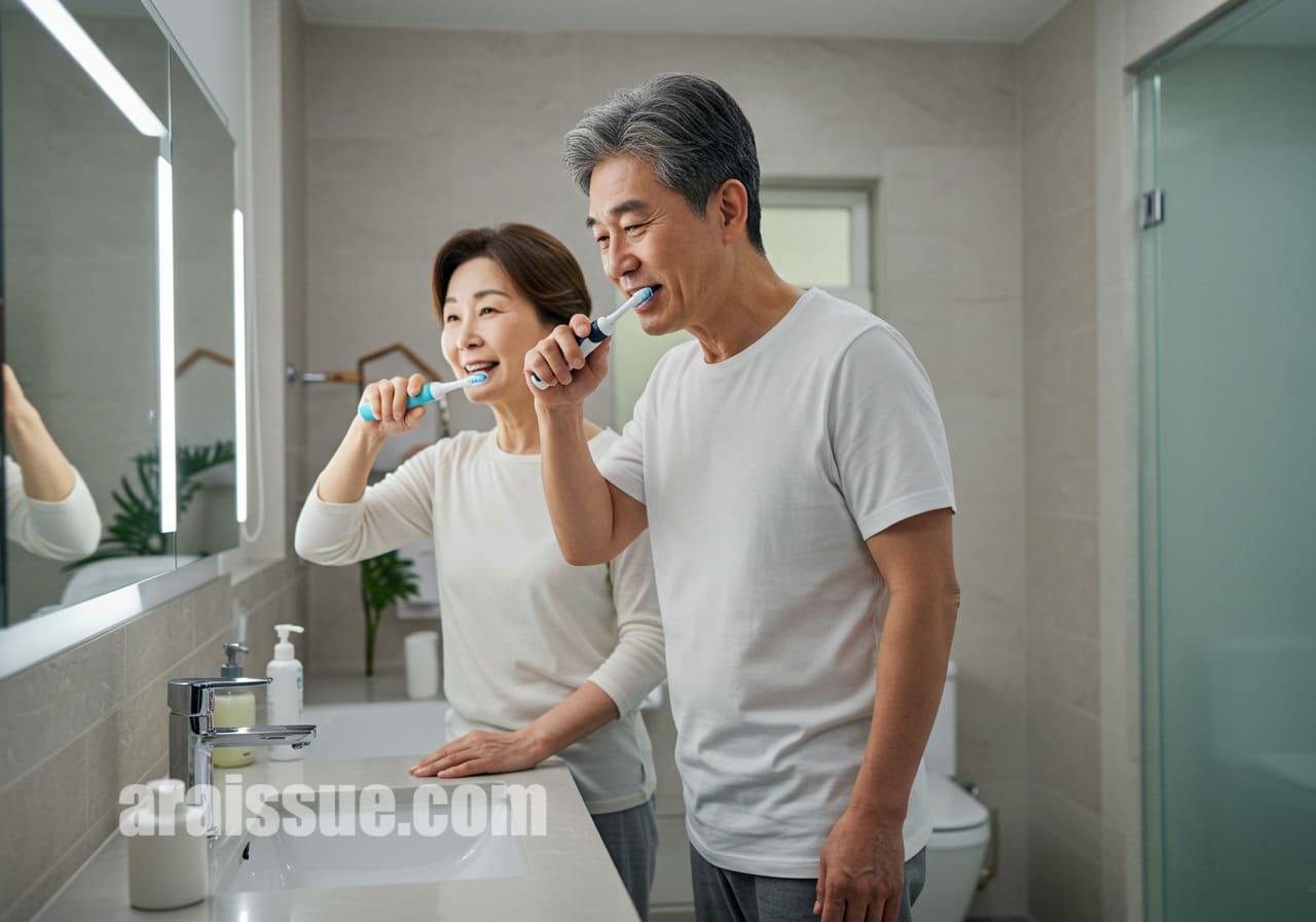 가족이 함께 치아 건강을 실천하는 모습