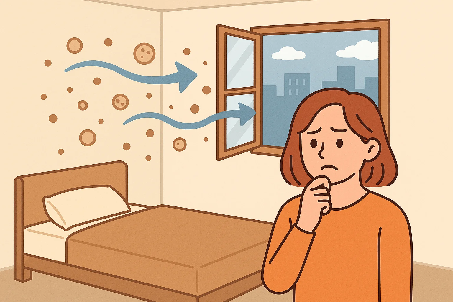 방 안으로 창문을 통해 미세먼지가 들어오는 모습을 표현한 일러스트. 여성이 걱정스러운 표정으로 실내 먼지를 바라보고 있음.