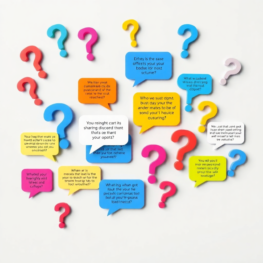 물음표와 느낌표, 그리고 대화 말풍선이 여러 개 배치되어 있는 형태로, 다양한 질문과 답변이 오가는 모습을 표현합니다. 블로그 포스팅 하단에 FAQ 섹션이 있음을 암시하며, 독자들이 궁금증을 해소할 수 있음을 보여줍니다.