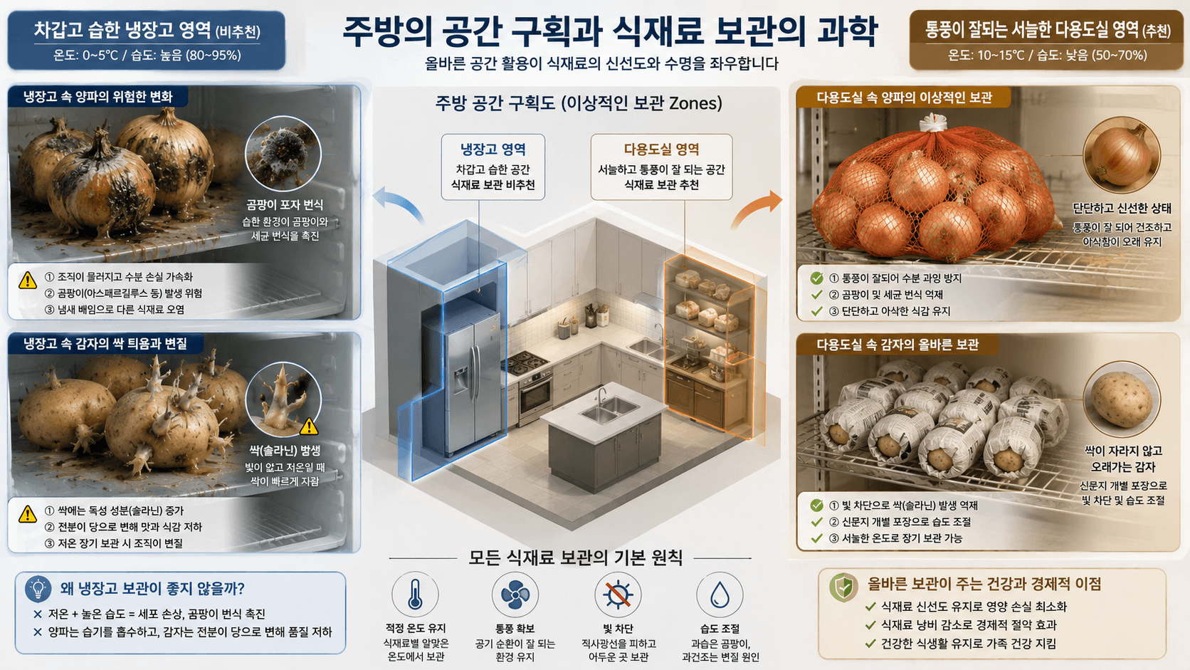 왼쪽의 차갑고 습한 냉장고 영역에는 양파가 흐물흐물하게 녹아내리며 검은 곰팡이가 피어오르고, 감자에서는 싹이 돋아나며 위험 표시가 뜨는 모습과 잘 관리한 모습 비교