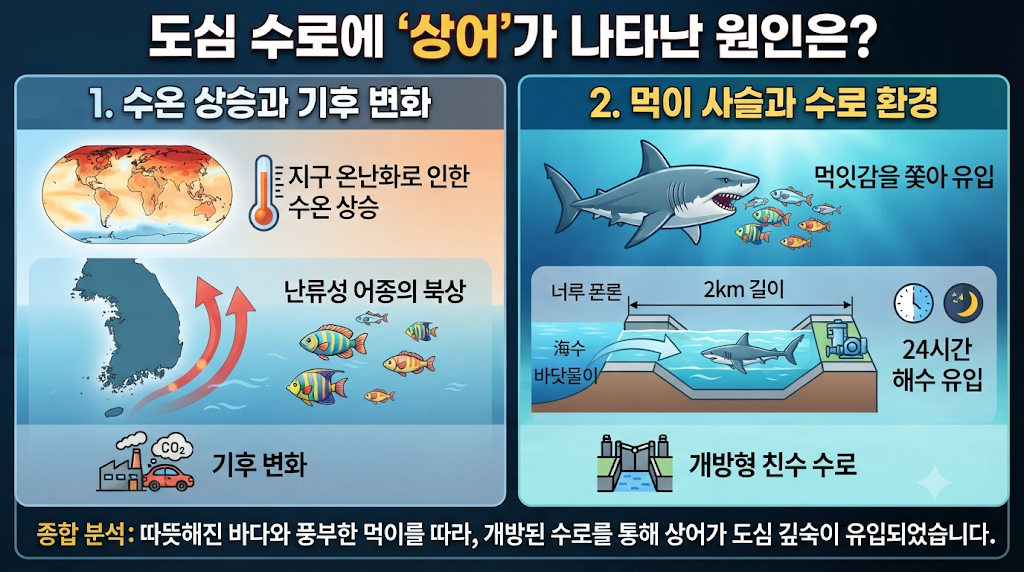 도심 수로에 상어가 나타난 원인은?