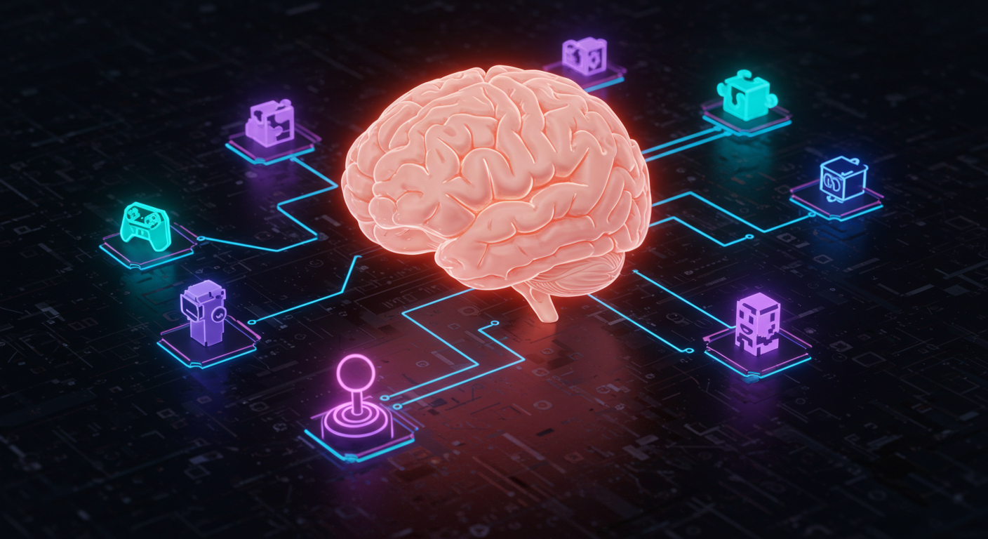 뇌와 게임 아이콘이 연결된 일러스트
