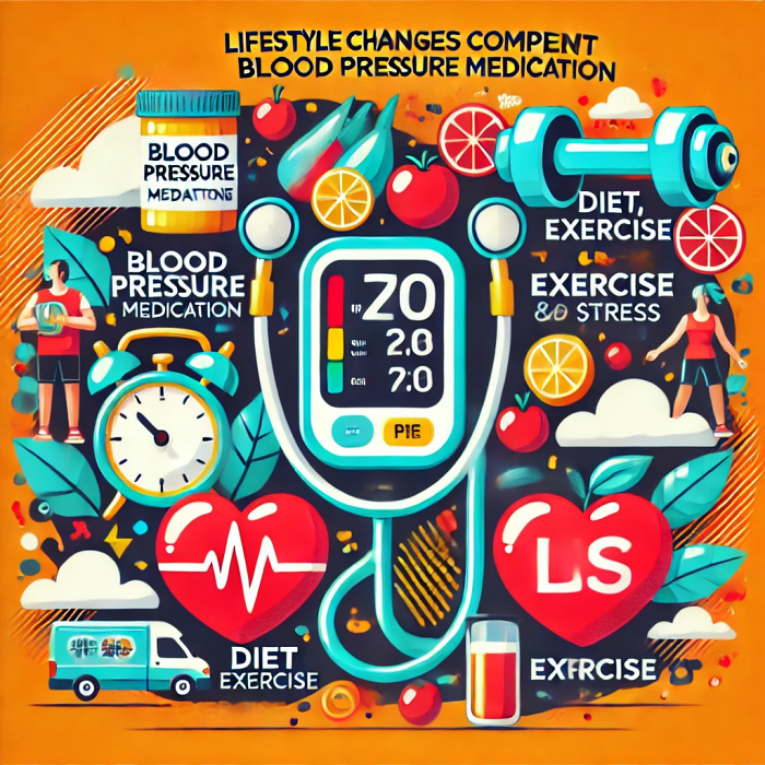 식이요법과 운동 등 혈압 약물과 함께하는 생활습관 변화를 나타내는 그래픽