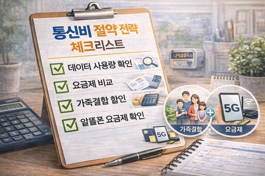 통신비 절약을 위해 데이터 사용량 확인, 요금제 비교, 가족결합 할인, 알뜰폰 요금제 확인을 안내하는 체크리스트 이미지