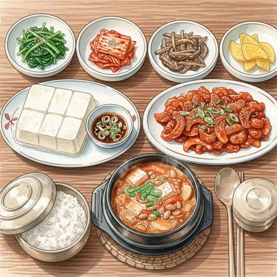 청국장과 함께 즐기는 제육볶음과 손두부