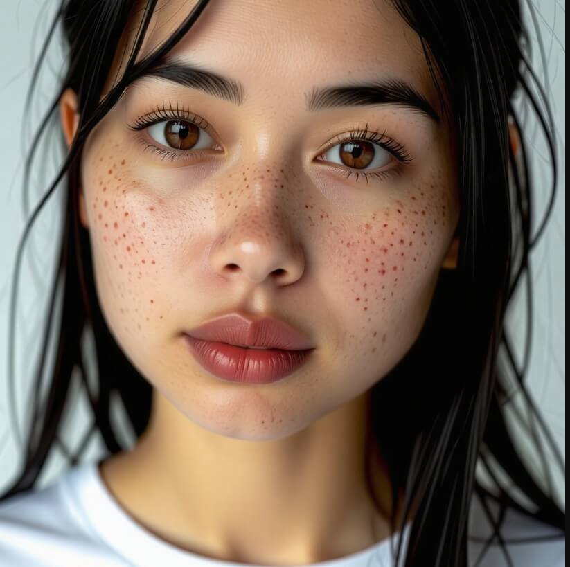 얼굴에- 기미와-여드름이-잔뜩-발생한-여자-사진입니다.