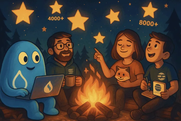 SUI 개발자들이 숲속 캠프파이어에 모여 GitHub 별을 바라보는 픽사풍 일러스트 이미지. 각 캐릭터는 노트북, 커피, 노트 등을 들고 있고, 하늘에는 ‘4000+’, ‘8000+’ 등 GitHub Star 수치를 가진 별들이 떠 있음. 오픈소스 커뮤니티의 열정과 성장 가능성을 따뜻하고 긍정적인 감성으로 표현함 (SUI dev community, open source GitHub stars, Web3 builder culture)
