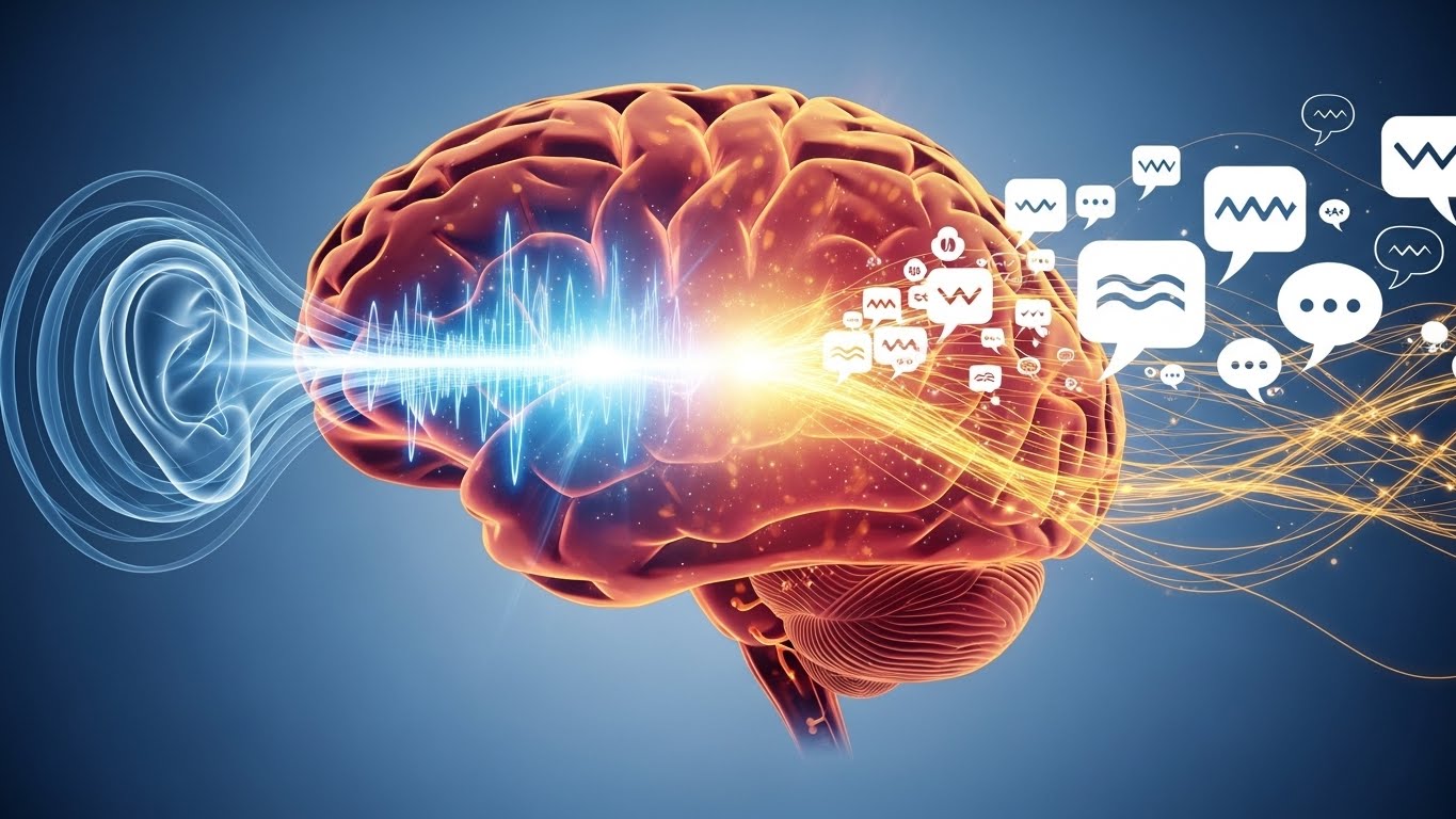 쉐도잉 학습 시 뇌의 듣기 및 말하기 영역 활성화 시각화