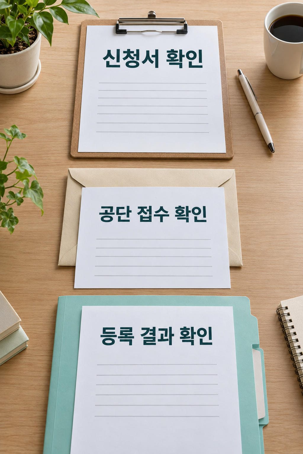 신청서 클립보드와 접수 봉투, 등록 결과 폴더를 구분해 놓은 책상