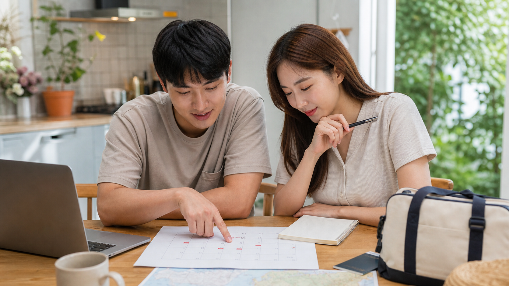 8월 연휴 일정을 달력과 노트북으로 계획하는 한국인 부부