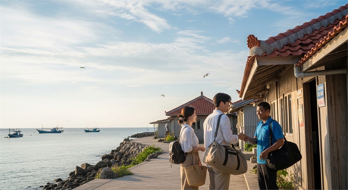 짐을 들고 민박에 도착한 여행객의 체크인 분위기 