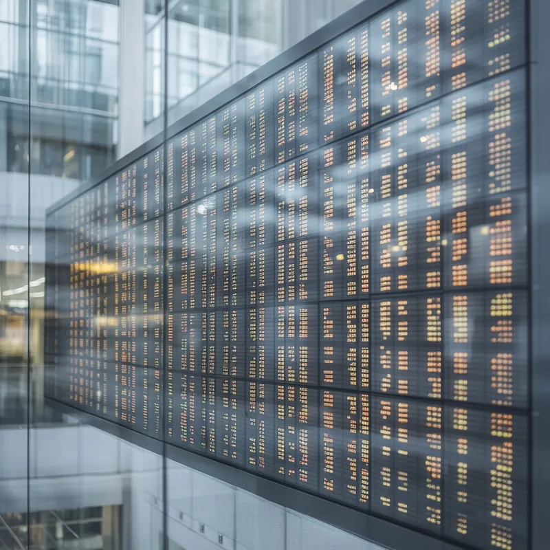 금융 지구에서 전자 주식 보드가 ETF 가치의 변동을 생생히 보여주며 시장의 역동적인 본질을 포착합니다. 실시간 금융 정보, ETF 성과, 투자 전략.