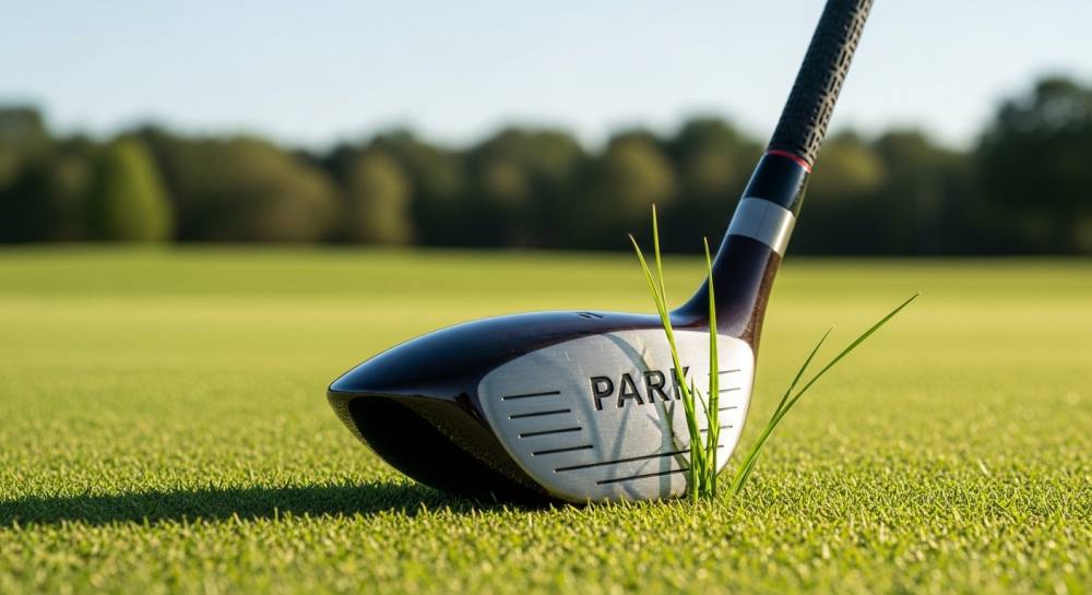 필드에 골프채와 골드공 올라와있는 사진