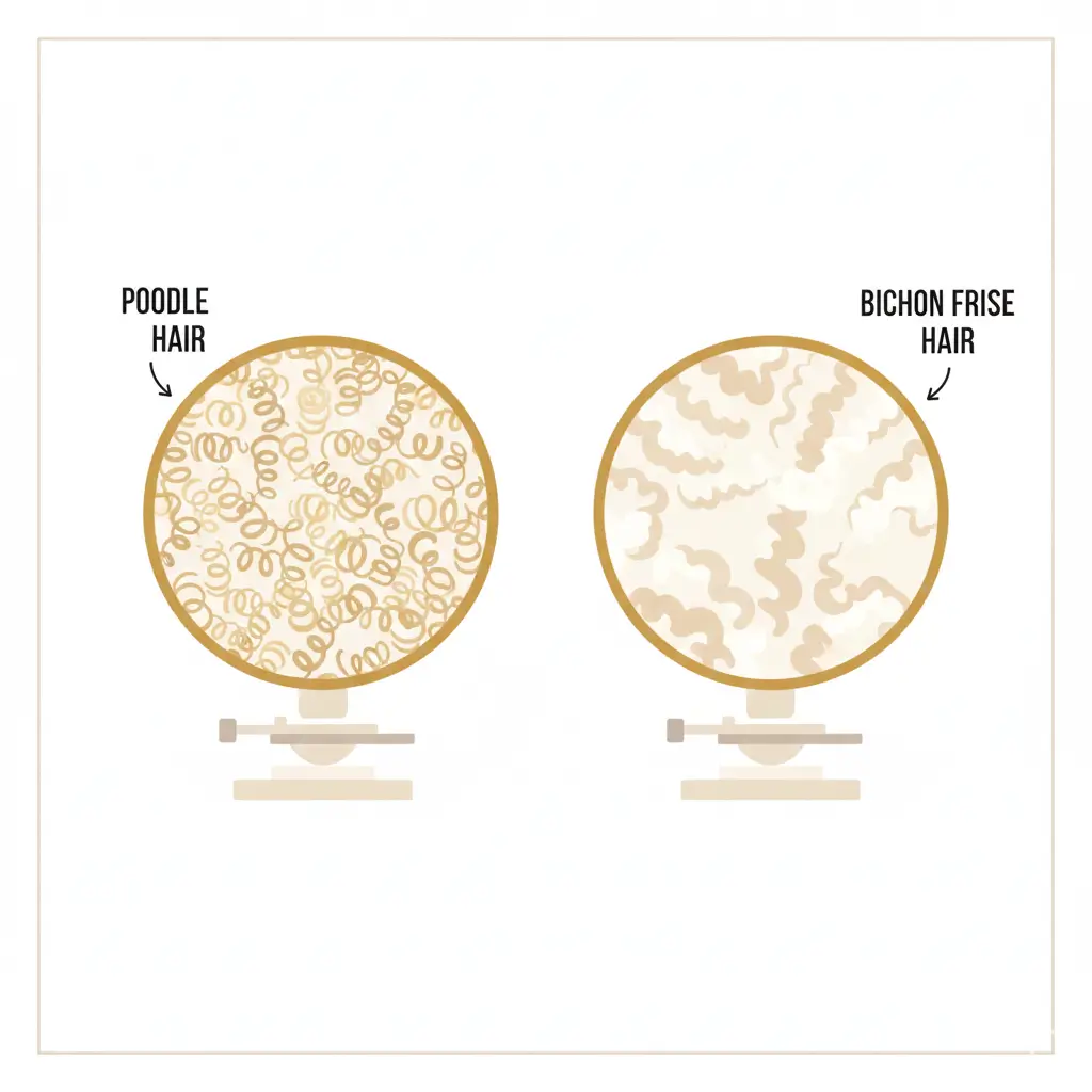푸들의 얇고 꼬불거리는 솜털 구조와 비숑의 굵고 밀도 높은 순모 구조를 확대한 이미지