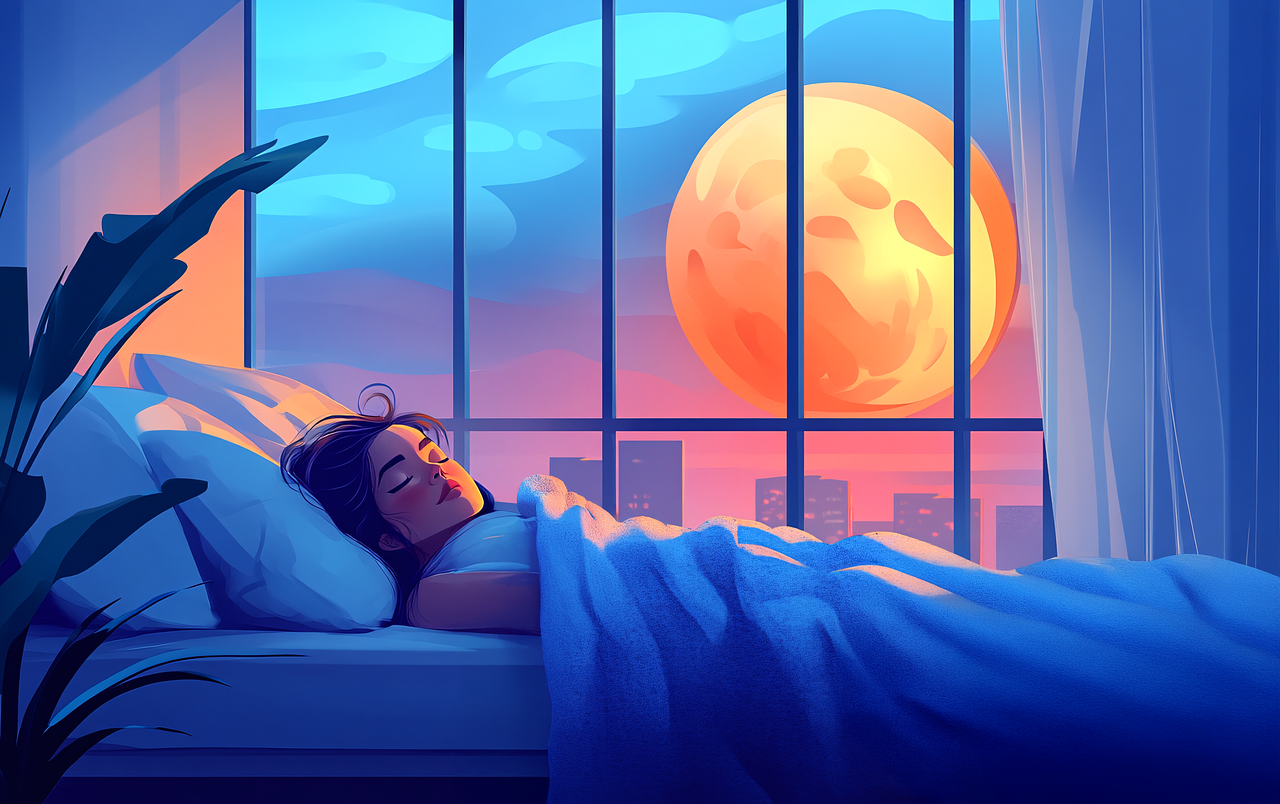 침실에 편히 누워서 쉬고 있는 여성의 모습