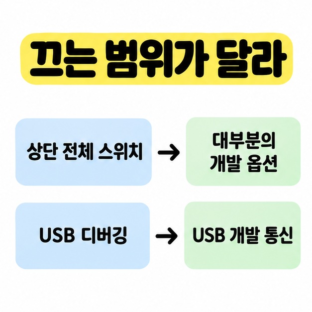 상단 전체 스위치는 대부분의 개발 옵션에, USB 디버깅은 USB 개발 통신에 적용된다는 두 줄 비교 도식