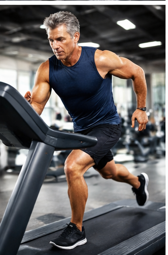 헬스장 런닝 머신 위에서 유산소 운동인 달리기를 3분간 전력질주를 반복하는 시니어
이미지 출처: Gemini AI 생성