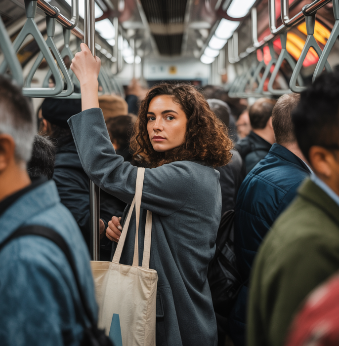 손잡이를 잡고 있는 사람들