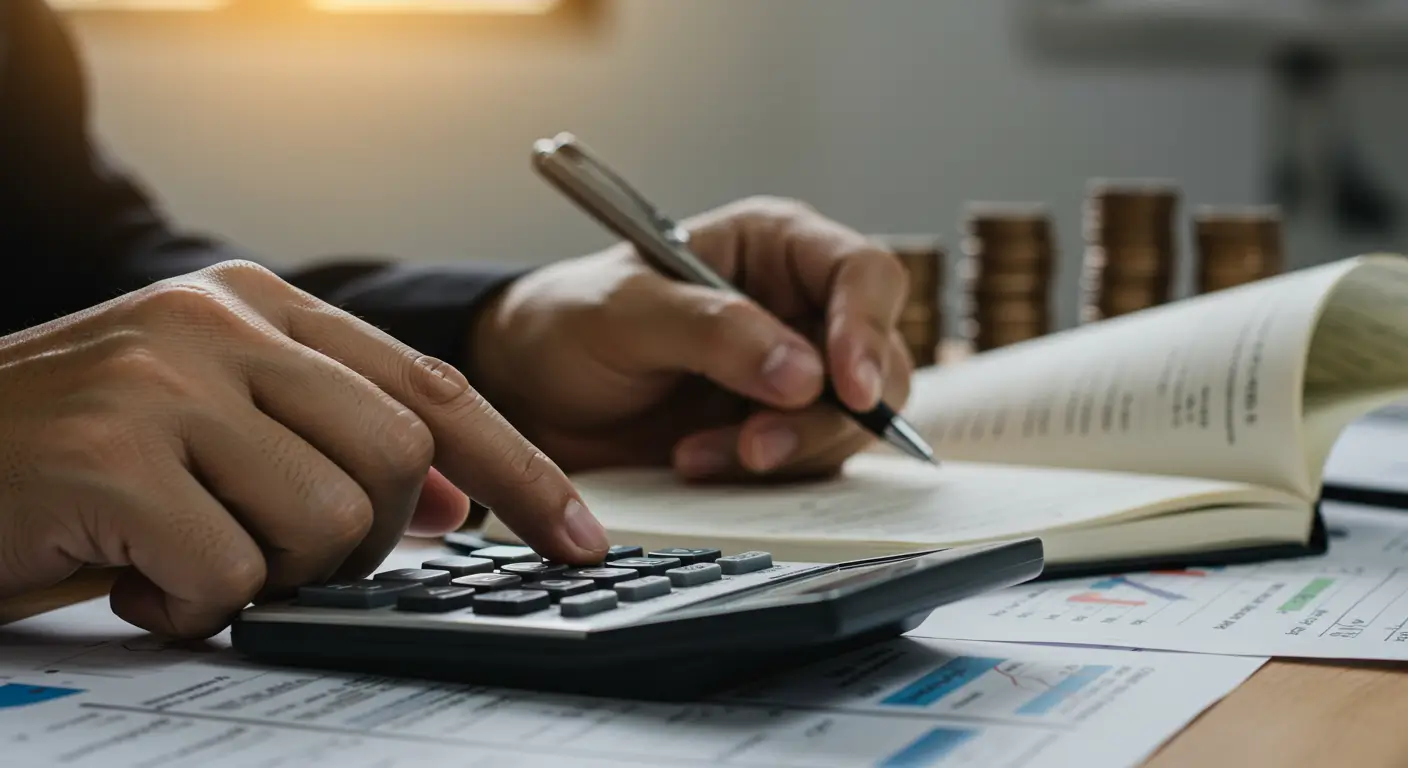 계산기를 사용하고 재무 장부에 무언가를 적는 사람의 손을 클로즈업한 사진. 배경에는 동전 더미와 금융 차트가 보임