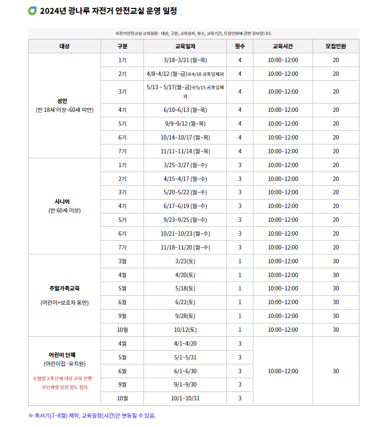 2024년 자전거 안전교실 운영일정
