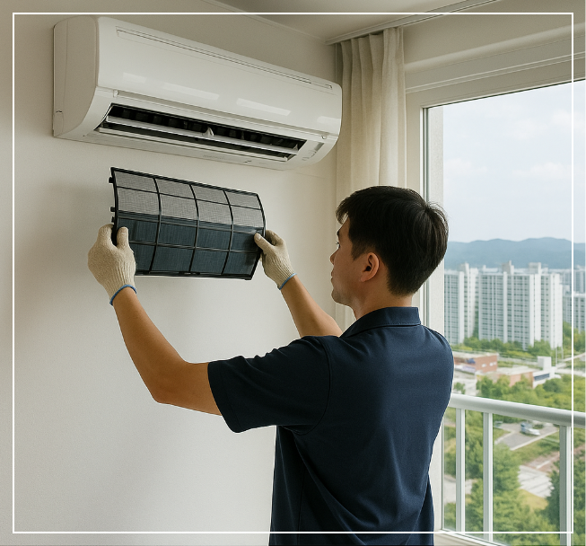 전라북도 익산 아파트에서 벽걸이형 에어컨 필터를 분리하며 점검 중인 모습