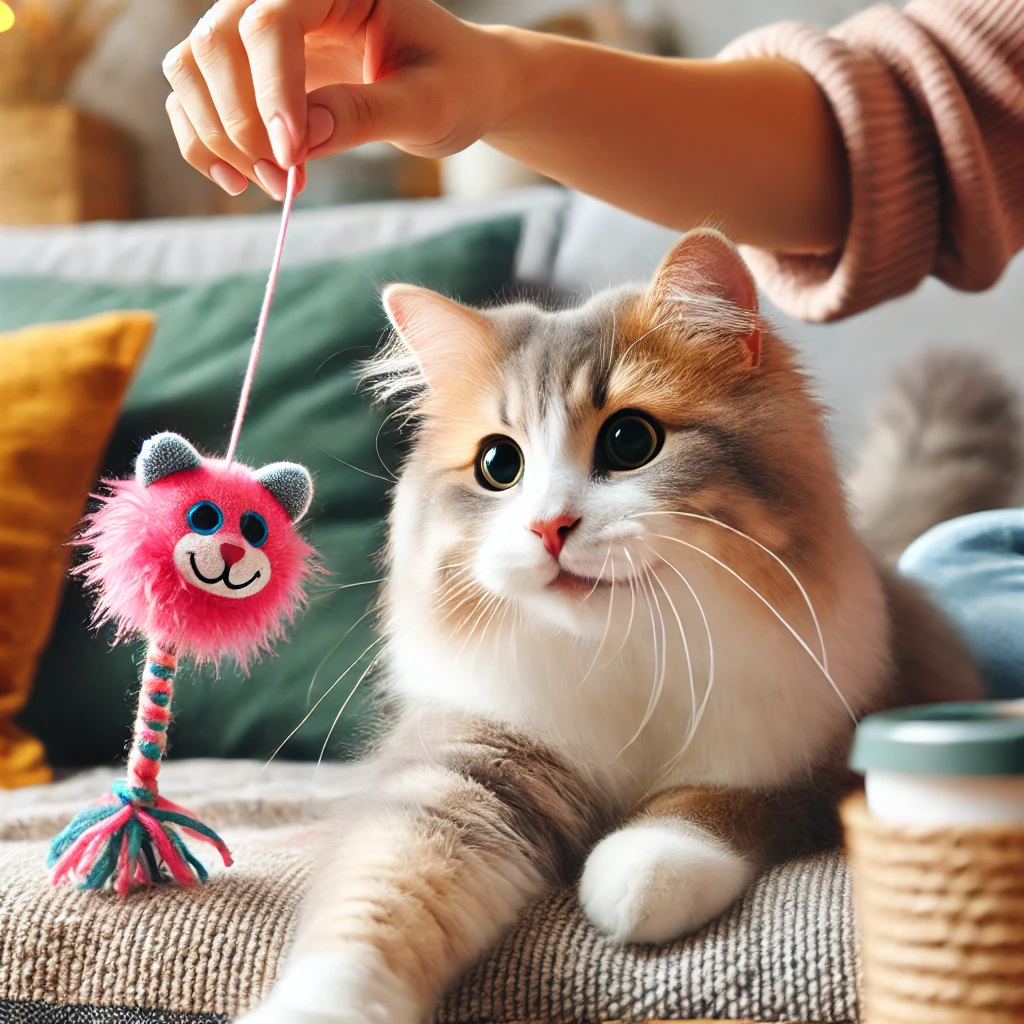 주인과 장난감을 가지고 놀면서 스트레스를 푸는 고양이