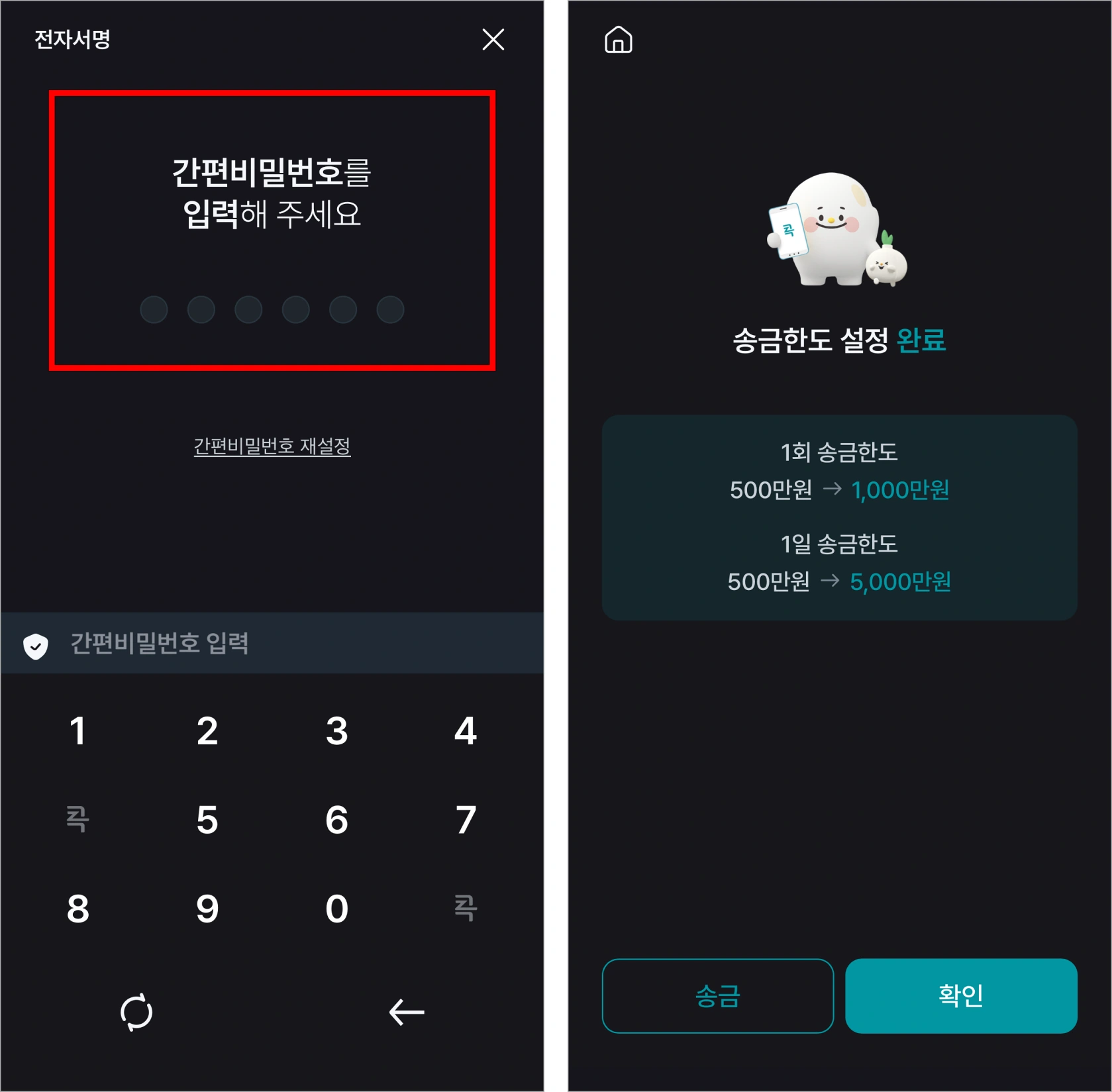 전자서명을 진행하여 송금한도 설정을 완료